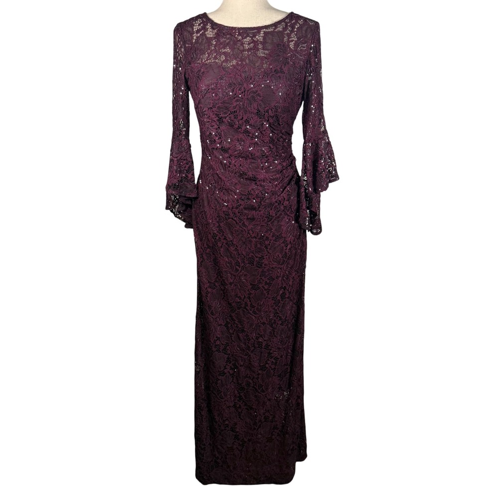 Nightway Sequin Lace Maxi Dress Womens 6 Purple Bell Sleeve Formal Evening Gown